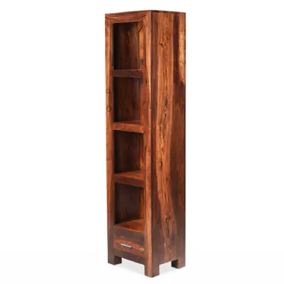Tall Solid Sheesham Wood Narrow Bookcase with Drawer