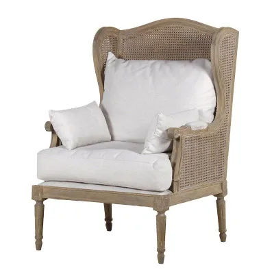 Rattan Winged Armchair With White Linen Cushions Oak By Coach House