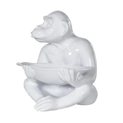 White Ceramic Monkey Holding a Bowl Figure Ornament