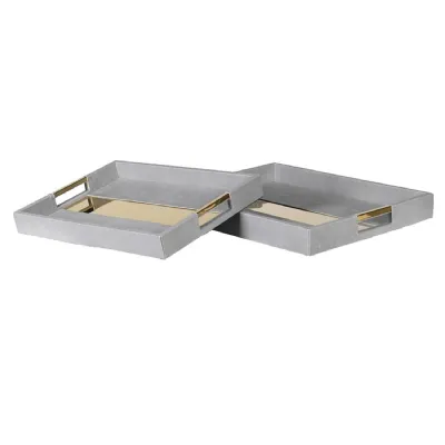 Set of 2 Faux Shagreen Trays with Gold Trim