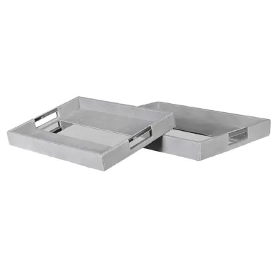 Set of 2 Grey Faux Shagreen Trays with Silver Trim