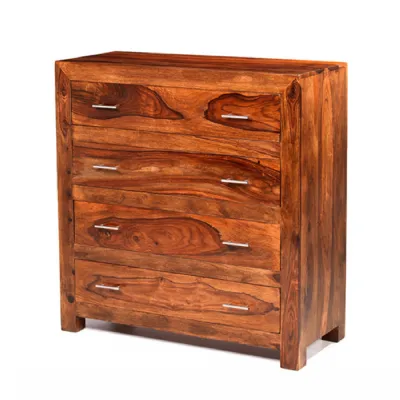 Traditional Style Sheesham Wood 4 Drawer Chest with Metal Handles