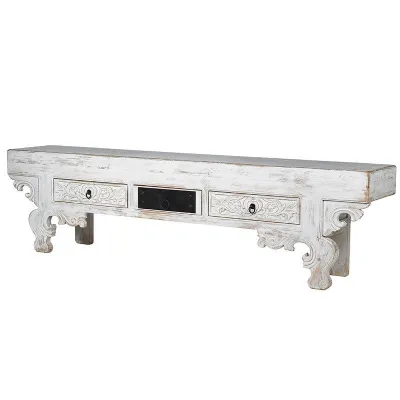 Chinese Zing Style Painted Long Carved Scrolled Ornate Console Table