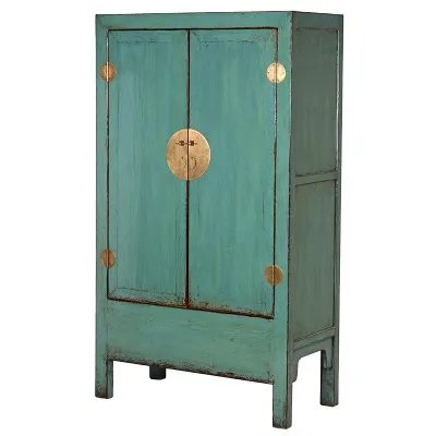 Oriental Design Distressed Blue Painted 2 Door Cabinet