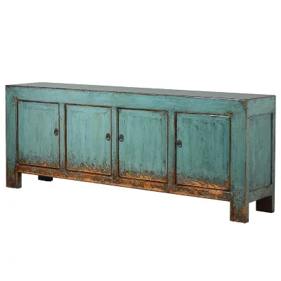 Heavily Distressed Turquoise 4 Door Slender Blue Storage Cabinet