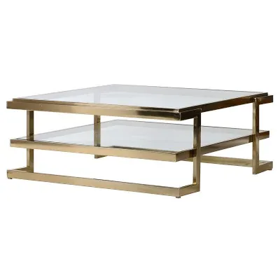 Gold Plated Metal Framed Coffee Table With Glass Top and Shelf