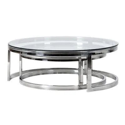 Set of 2 Steel Framed Round Coffee Tables With Glass Top