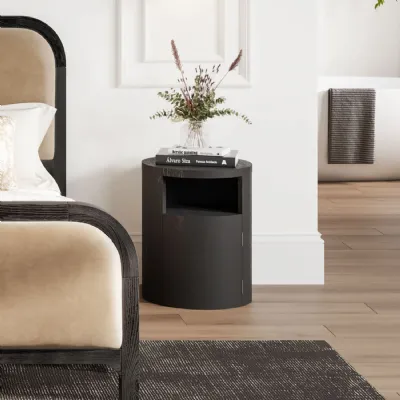 Matte Black Wood Grain Effect Cylindrical Bedside Table