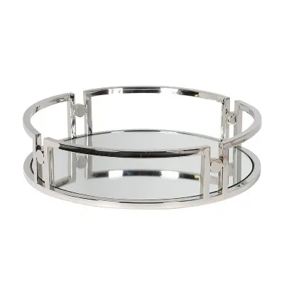 Round Silver Serving Tray With Mirror Base