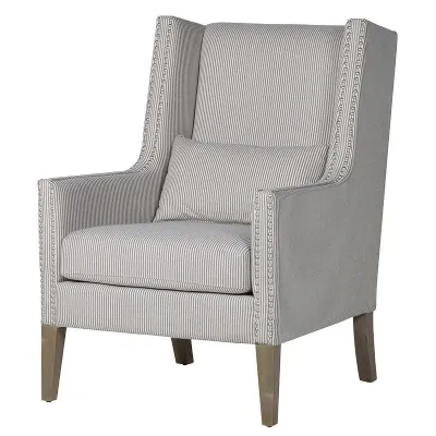 Modern Blue Grey Stripe High Back Club Chair With Cushion