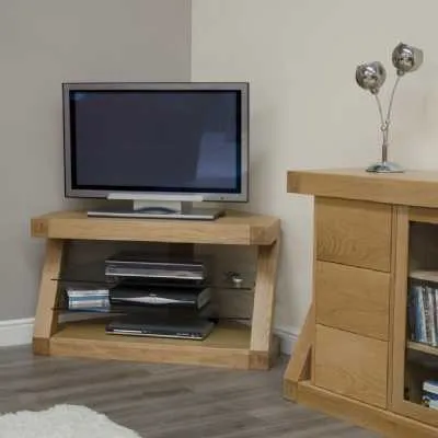 Z Shape Oak Corner TV Media Unit 2 Adjustable Open Glass Shelves