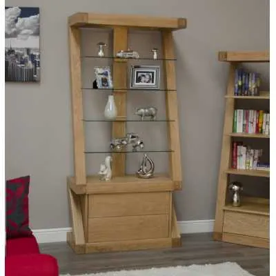 Z Shape Oak Open Display Cabinet Glass Shelves and Top Light 2 Drawers Base
