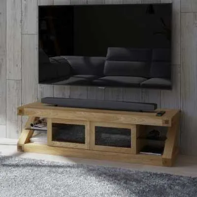 Z Shape Oak Glazed Widescreen TV Media Unit Glass Doors and Side Shelves