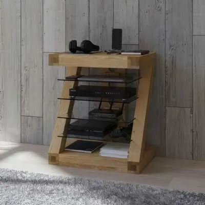 Modern Z Shape Oak Hifi Media Display Unit Open With 4 Glass Shelves