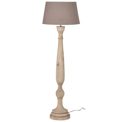 Traditional Carved Tall Wooden Floor Lamp With Neutral Linen Shade