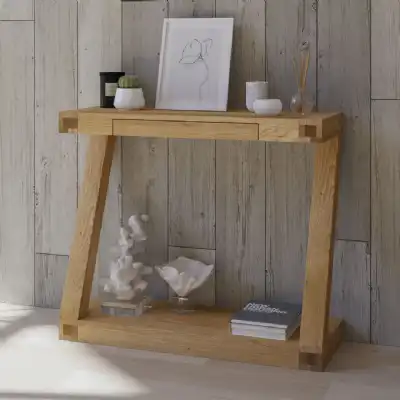 Modern Z Shape Oak Slim Console Hall Table 1 Single Drawer Open Base Shelf