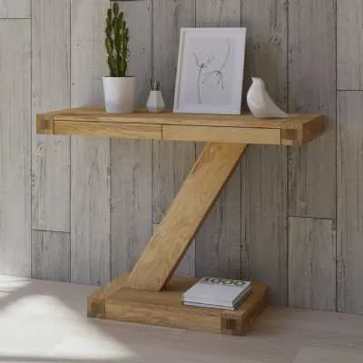 Z Shape Oak Modern Console Hall Table With 2 Slim Drawers Open Base
