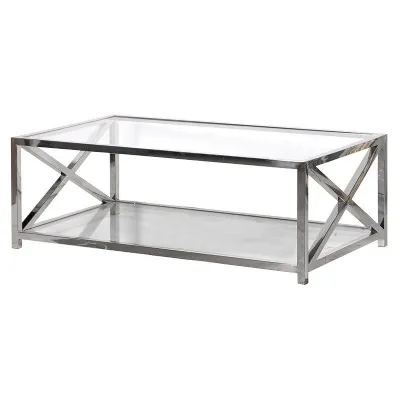 Large Glass Stainless Steel Coffee Table Modern Rectangular X Frame