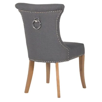 Dark Grey Studded Dining Chair With Metal Ring Knocker on Back Detail