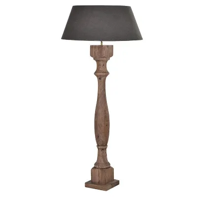 Wooden Column Floor Lamp With Grey Fabric Shade
