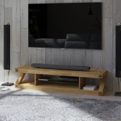 Z Shape Oak Large Low Widescreen Plasma TV Media Unit Open With Glass Shelf 180cm Wide