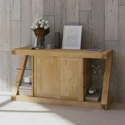 Z Shape Oak Large Sideboard Storage Display Unit 2 Sliding Doors Open Glass Shelves Sides