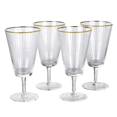 Set of 4 Gold Rim Ribbed Red Wine Glasses