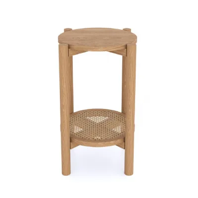 Scandi Style Natural Solid Oak Round Side Table with Cane Shelf