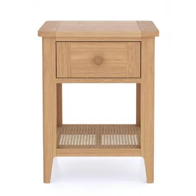 Scandi Style Natural Solid Oak Lamp Table with Drawer and Cane Shelf