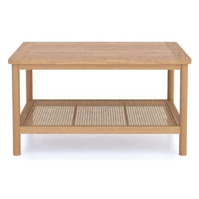 Nordic Style Solid Oak Rectangular Coffee Table with Lower Cane Shelf