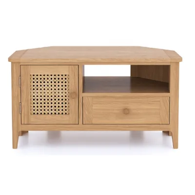 Boho Chic Solid Oak Corner TV Unit with Cane Door, Drawer and Open Shelf