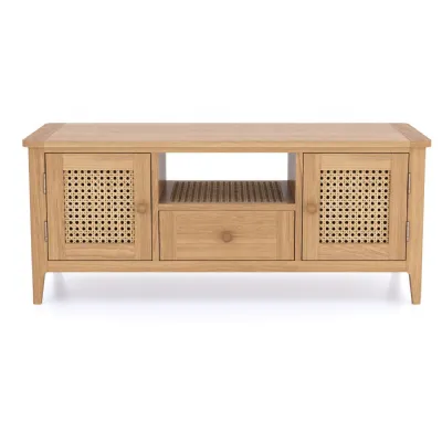 Modern Solid Oak Wide 2 Door TV Cabinet with Cane Panels and Central Drawer