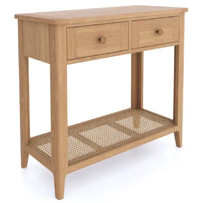 Classic Style Solid Oak 2 Drawer Console Table with Cane Shelf