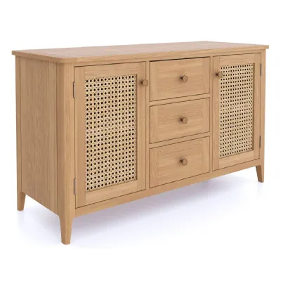 Large Natural Oak and Cane 2 Door 3 Drawer Sideboard with Tapered Legs
