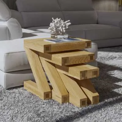 Modern Z Shape Oak Nest of 3 Tables