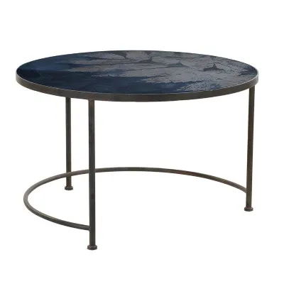 Round Metal Framed Prussian Blue Leaf Glass Top Coffee Table 80cm Diameter