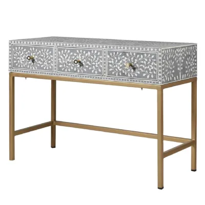 Grey and Gold Bone Inlay 3 Drawer Console Table