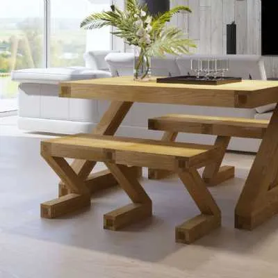 Modern Z Shape Oak Kitchen Dining Table Small Flat Bench 2 Person