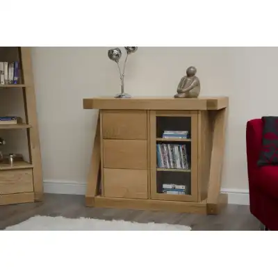 Z Shape Oak Small Glazed Display Storage Chest With 3 Drawers 1 Glass Door