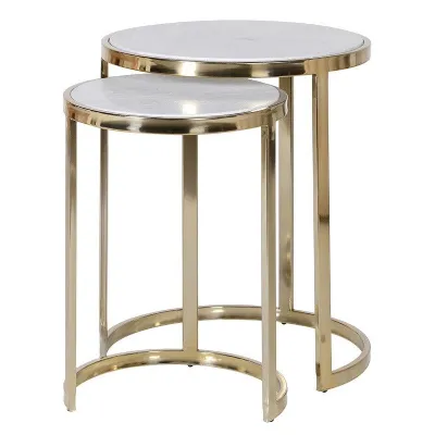 Set Of 2 Brass Frame White Marble Top Round Nesting Tables
