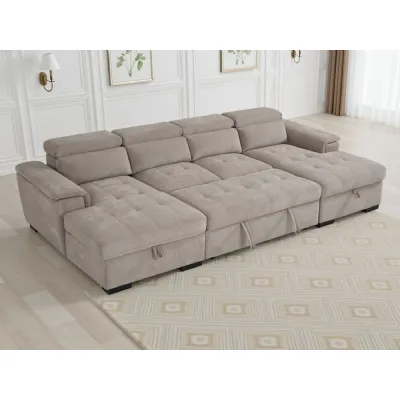 Beige Fabric U Shaped Standard Back Sofa Bed with Storage