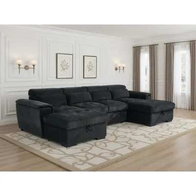 Black Fabric U Shaped Standard Back Sofa Bed with Storage