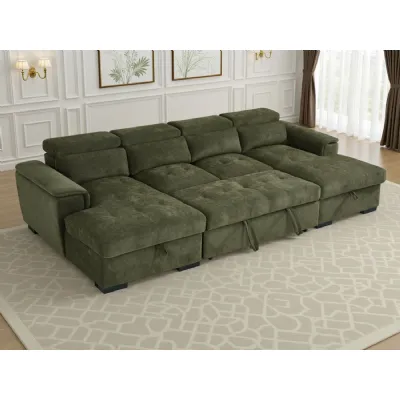 Green Fabric U Shaped Standard Back Sofa Bed with Storage