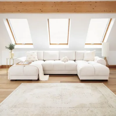 Cream Chenille Fabric Upholstered U Shape Corner Sofa