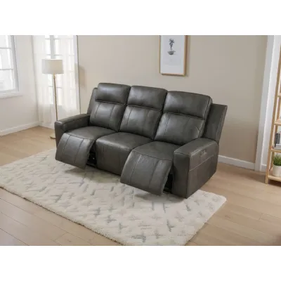 Grey Leather 3 Seater Electric Recliner Sofa with Drop Tray