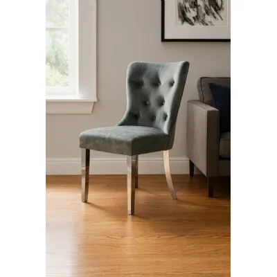 Modern Dark Grey Velvet Dining Chair with Chrome Legs
