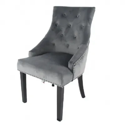 Modern Dark Grey Velvet Dining Chair with Black Ring Knocker and Black Legs