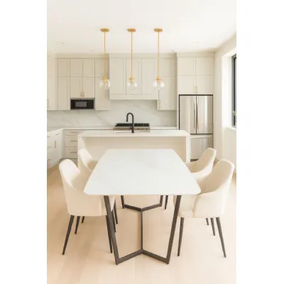 Luxury White Marble Effect Ceramic 1.8m Dining Table with Black Geometric Metal Base