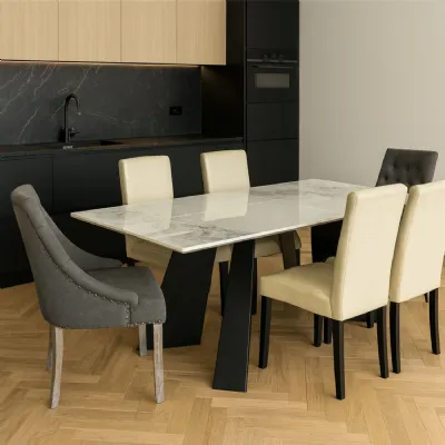 Luxury White Marble Effect Ceramic Extending Dining Table with Black Pedestal Legs