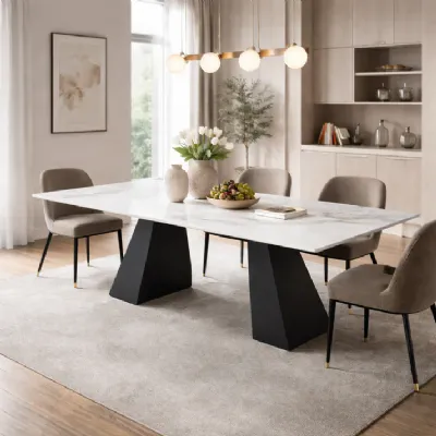 Modern White Marble Effect Ceramic 6 Seater Rectangular Dining Table with Black Angular Legs